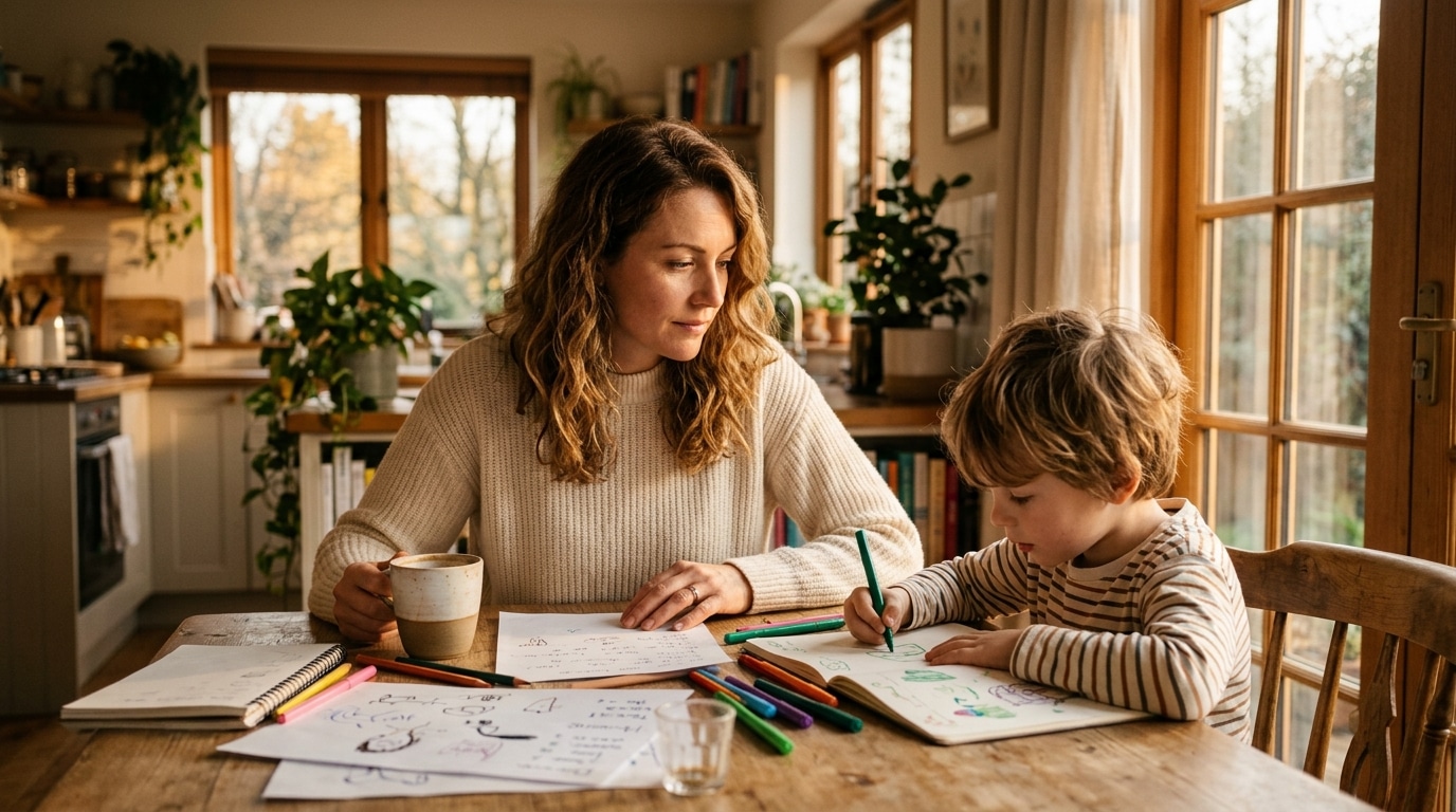 A parent and child at a kitchen table, figuring things out together